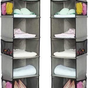 2 Pack 5 Foldable Shelf Hanging Closet Organizer Space Saver with Side Accessories Pockets for Clothes Storage