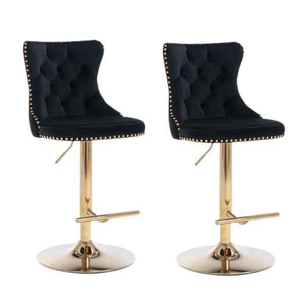 2x Height Adjustable Swivel Bar Stool Velvet Studs Barstool with Footrest and Golden Base