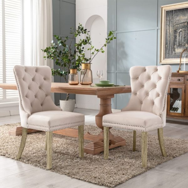 2x Velvet Dining Chairs Upholstered Tufted Kithcen Chair with Solid Wood Legs Stud Trim and Ring