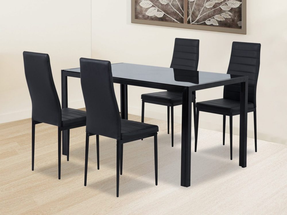 5PC Indoor Dining Table and Chairs Dinner Set Glass Leather Kitchen