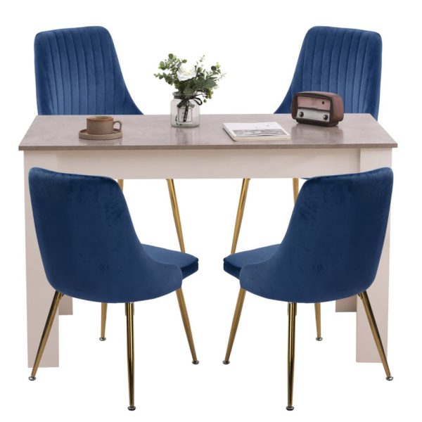 Grey Rectangular Dining Table with 4x Blue Velvet Chairs