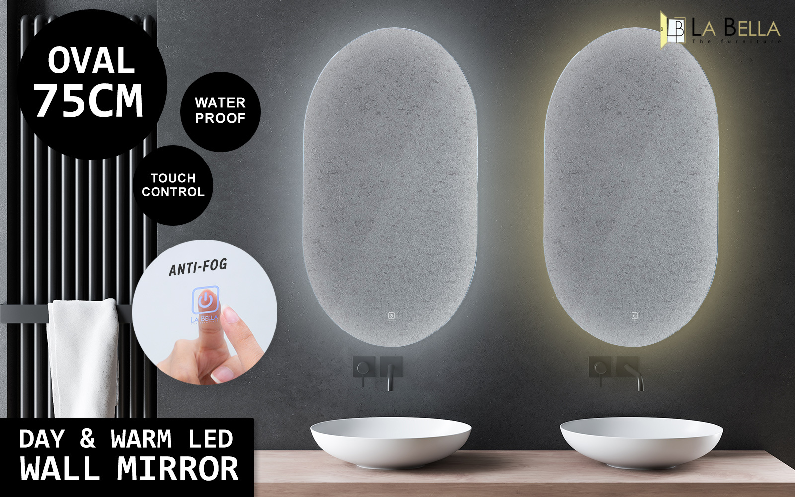 2 Set LED Wall Mirror Oval Anti-Fog Bathroom 50x75cm BLACK