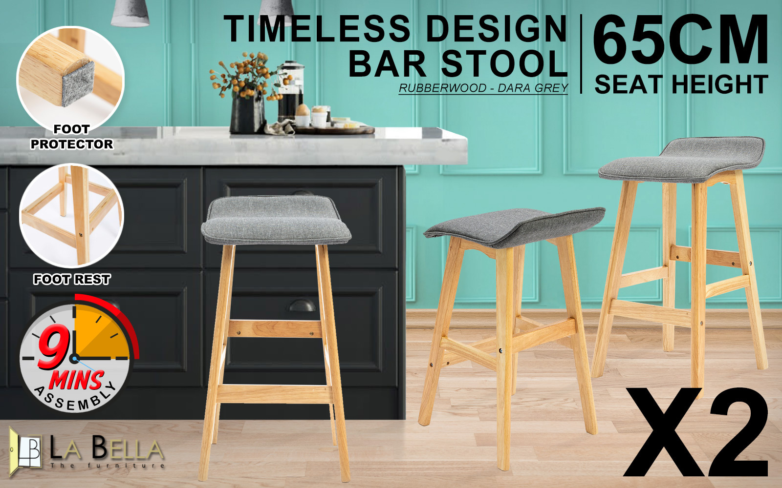 La Bella Wooden Bar Stool Sophia Fabric