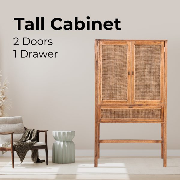 Jasmine Tall Storage Cabinet 90cm 2 Door 1 Drawer Mindi Wood Rattan