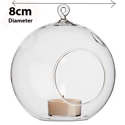 4 x Hanging Clear Glass Ball Tealight Candle Holder – 8cm Diameter / High – Wedding Globe Decoration Terrarium Succulent Plant Mini Garden Holder Dec