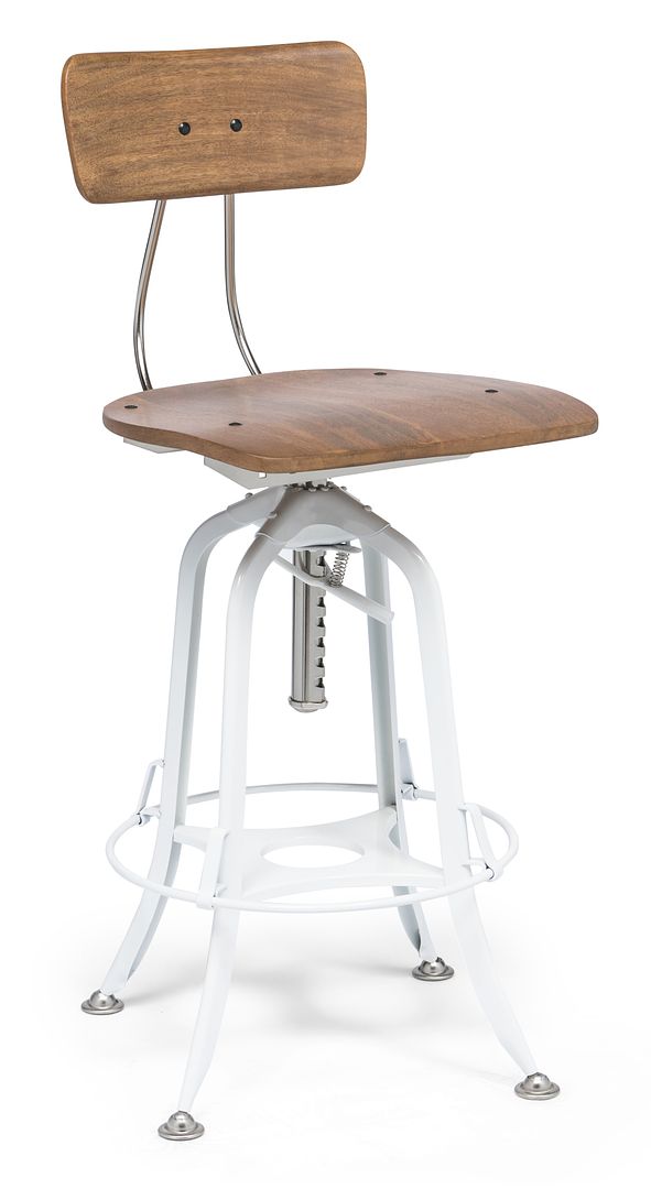 Hamptons Style White Bar Stool Chair Height Adjustable and Swivel with Natural Wood Top