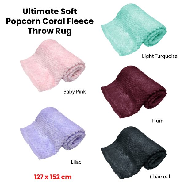 180GSM Soft Popcorn Coral Fleece Throw Rug 127 x 152cm