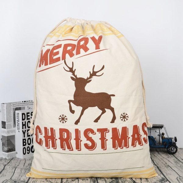 50x70cm Canvas Hessian Christmas Santa Sack Xmas Stocking Reindeer Kids Gift Bag, Cream – Reindeer