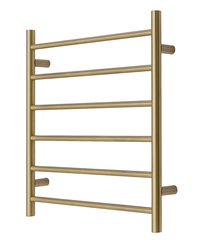 Premium Brushed Gold Heated Towel Rack – 6 Bars, Round Design, AU Standard, 650x620mm Wide