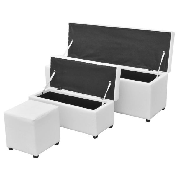 3 Piece Storage Bench Footrest Set Artificial Leather White