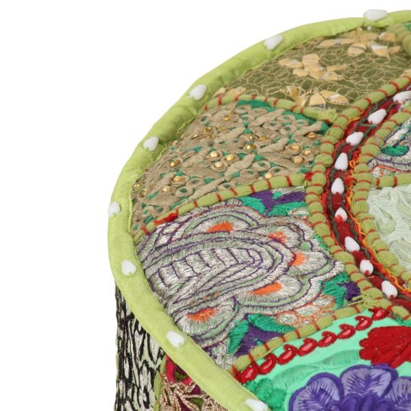 Patchwork Pouffe Round Cotton Handmade 40×20 cm – Green