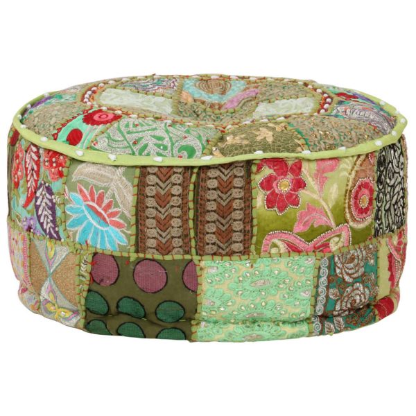 Patchwork Pouffe Round Cotton Handmade 40×20 cm – Green