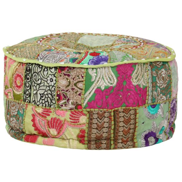 Patchwork Pouffe Round Cotton Handmade 40×20 cm – Green