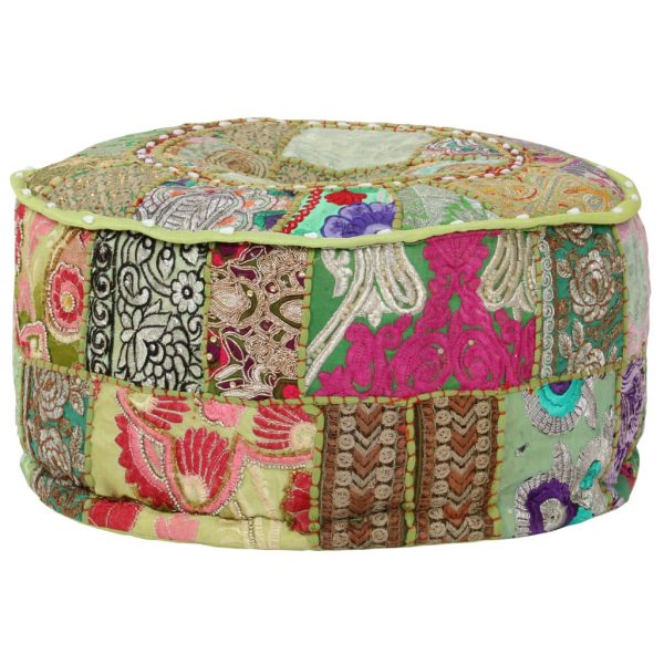 Patchwork Pouffe Round Cotton Handmade 40×20 cm – Green
