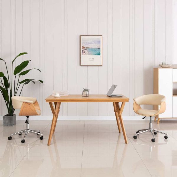 Swivel Office Chair Cream Bent Wood and Faux Leather