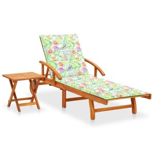 Garden Sun Lounger with Cushion Solid Acacia Wood – Leaf pattern, 1 Sunlounger With Table