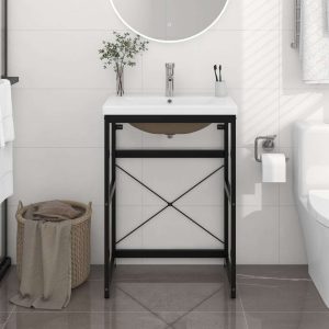 Bathroom Washbasin Frame with Built-in Basin Black Iron – 59x38x83 cm