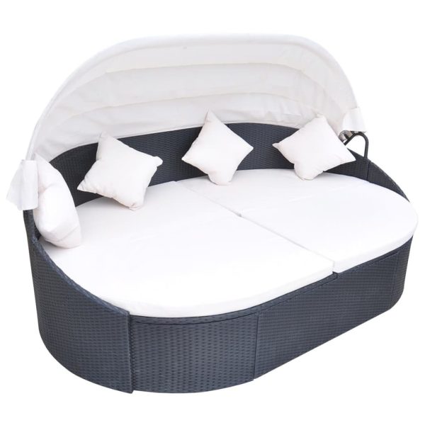 Outdoor Lounge Bed with Canopy Poly Rattan – Black