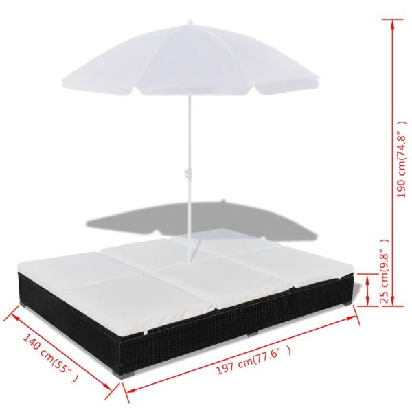 Outdoor Lounge Bed with Umbrella Poly Rattan – Black