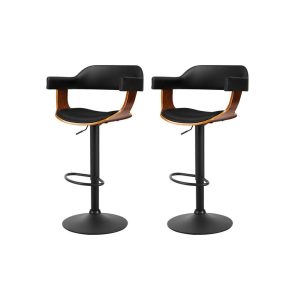 2x Bar Stools Gas Lift Leather w/Armrest All Black