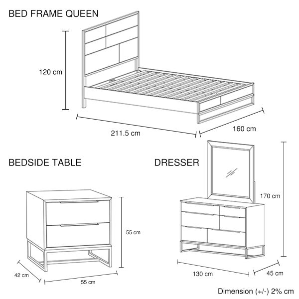 4 Pieces Bedroom Suite made in Solid Wood Acacia Veneered Queen Size Oak Colour Bed, Bedside Table & Dresser