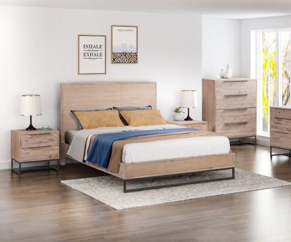 4 Pieces Bedroom Suite made in Solid Wood Acacia Veneered King Size Oak Colour Bed, Bedside Table & Tallboy