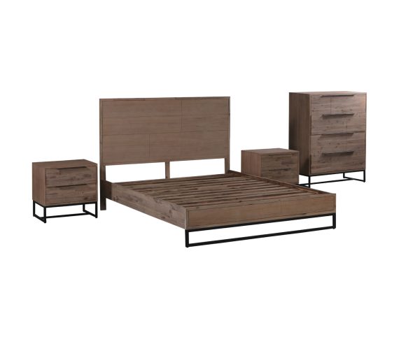 4 Pieces Bedroom Suite made in Solid Wood Acacia Veneered King Size Oak Colour Bed, Bedside Table & Tallboy