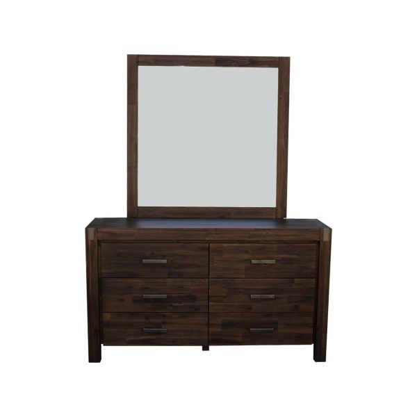 5 Pieces Bedroom Suite in Solid Wood Veneered Acacia Construction Timber Slat Double Size Chocolate Colour Bed, Bedside Table, Tallboy & Dresser