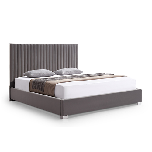 Bed Frame Polyester Fabric Padded Upholstery High Quality Slats Polished Stainless Steel Feet King Size