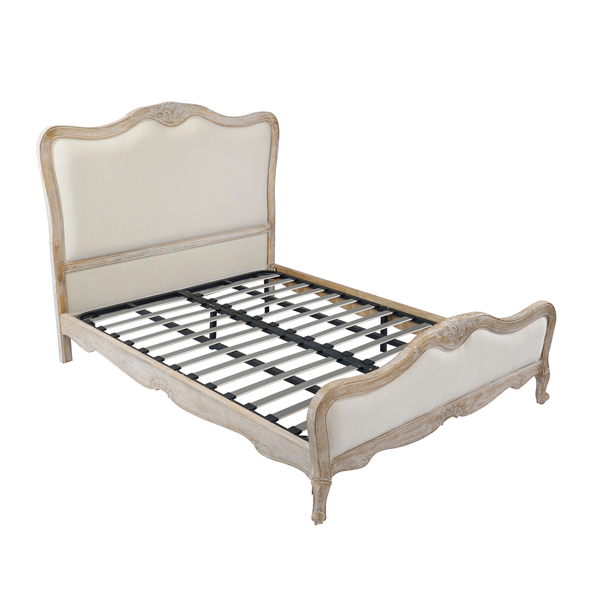 Queen Bed Frame Linen Fabric Beige Oak Wood White Washed Finish Mattress Support