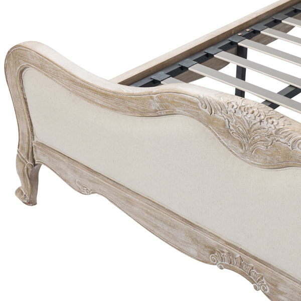 Queen Bed Frame Linen Fabric Beige Oak Wood White Washed Finish Mattress Support