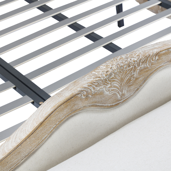 Queen Bed Frame Linen Fabric Beige Oak Wood White Washed Finish Mattress Support