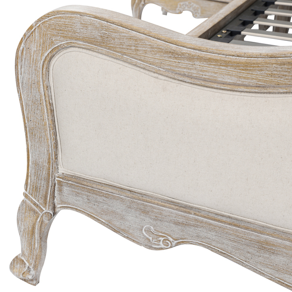 Queen Bed Frame Linen Fabric Beige Oak Wood White Washed Finish Mattress Support