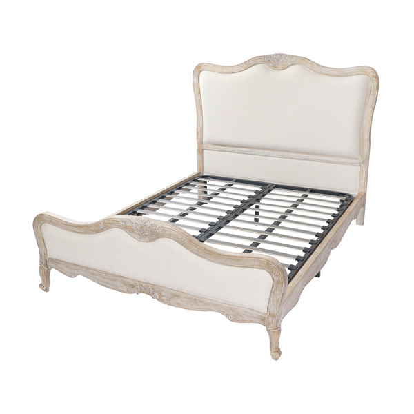 Queen Bed Frame Linen Fabric Beige Oak Wood White Washed Finish Mattress Support