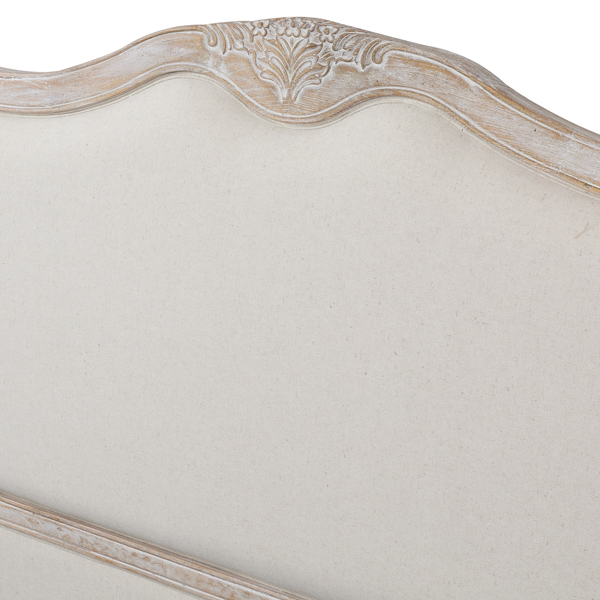 Queen Bed Frame Linen Fabric Beige Oak Wood White Washed Finish Mattress Support