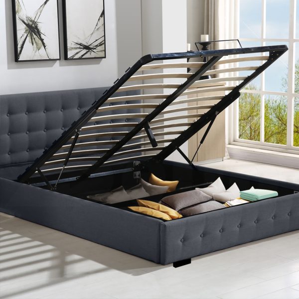 Allendale Bed Frame Base With Gas Lift Platform Fabric – DOUBLE, Dark Grey