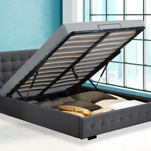 Allendale Bed Frame Base With Gas Lift Platform Fabric – DOUBLE, Dark Grey
