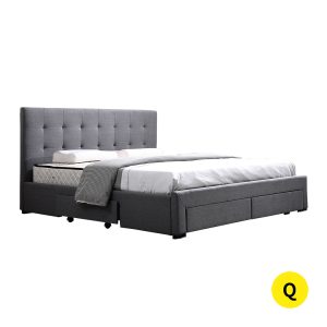 Shaugh Bed Frame Base With Storage Drawer Mattress Wooden Fabric – QUEEN, Dark Grey