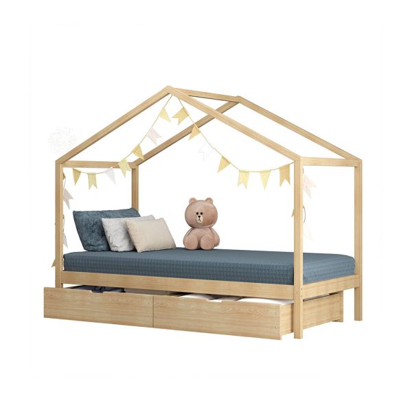 Bay Bed Frame Wooden Single Timber House Frame Mattress Base Storage Drawers