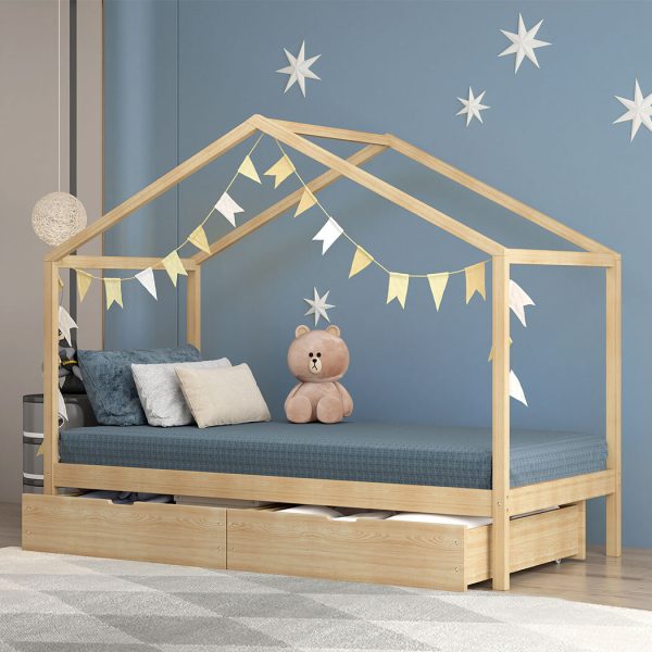 Bay Bed Frame Wooden Single Timber House Frame Mattress Base Storage Drawers