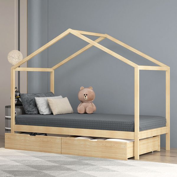 Bay Bed Frame Wooden Single Timber House Frame Mattress Base Storage Drawers