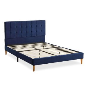 Bed Frame Mattress Base Platform Wooden Velevt Headboard – QUEEN, Blue
