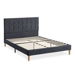 Bed Frame Mattress Base Platform Wooden Velevt Headboard – QUEEN, Grey