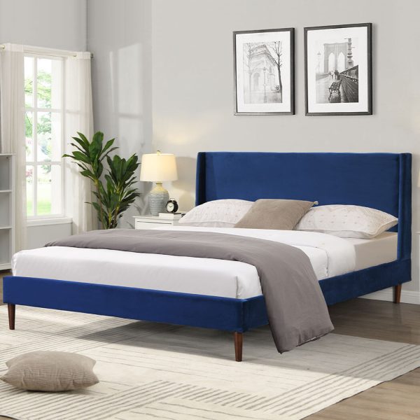 Abram Bed Frame Queen Size Mattress Base Platform Wooden Velevt Headboard Blue