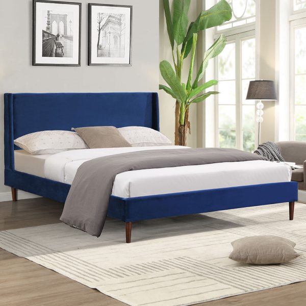 Abram Bed Frame Queen Size Mattress Base Platform Wooden Velevt Headboard Blue