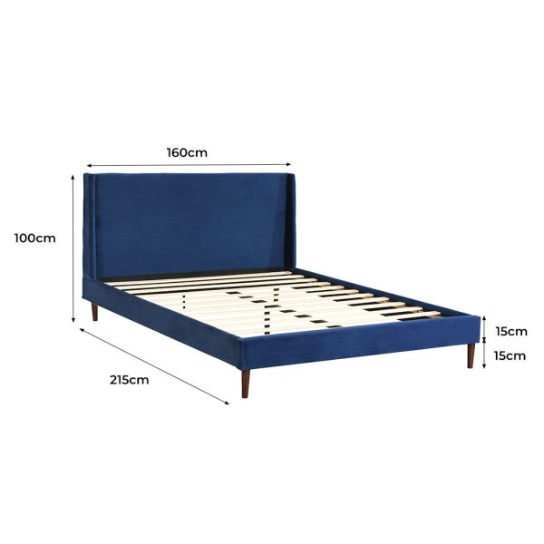 Abram Bed Frame Queen Size Mattress Base Platform Wooden Velevt Headboard Blue