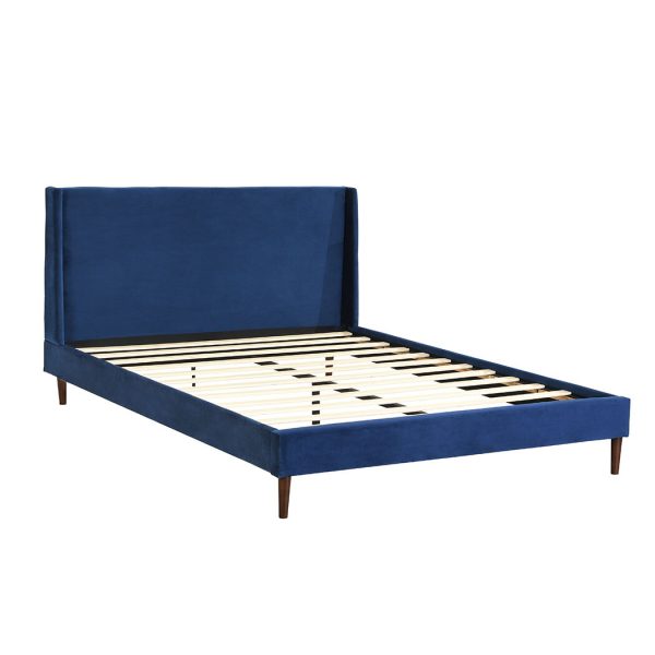 Abram Bed Frame Queen Size Mattress Base Platform Wooden Velevt Headboard Blue