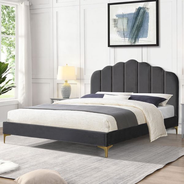 Bed Frame Queen Size Mattress Base Platform Wooden Velevt Headboard Grey