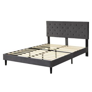 Air Bed Frame Mattress Base Platform Wooden Velevt Headboard – QUEEN, Grey