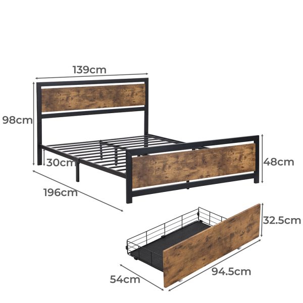 Linburn Metal Bed Frame Double Mattress Base Platform Wooden 4 Drawers Industrial